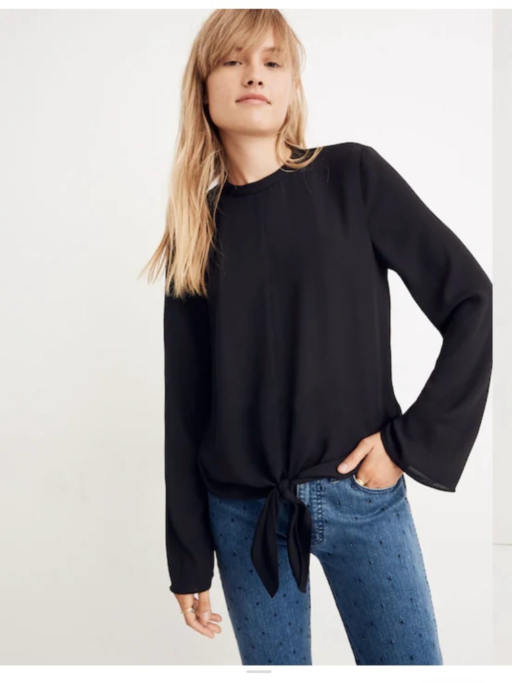 Madewell Black Bell Sleeve Tie Top Blouse Large